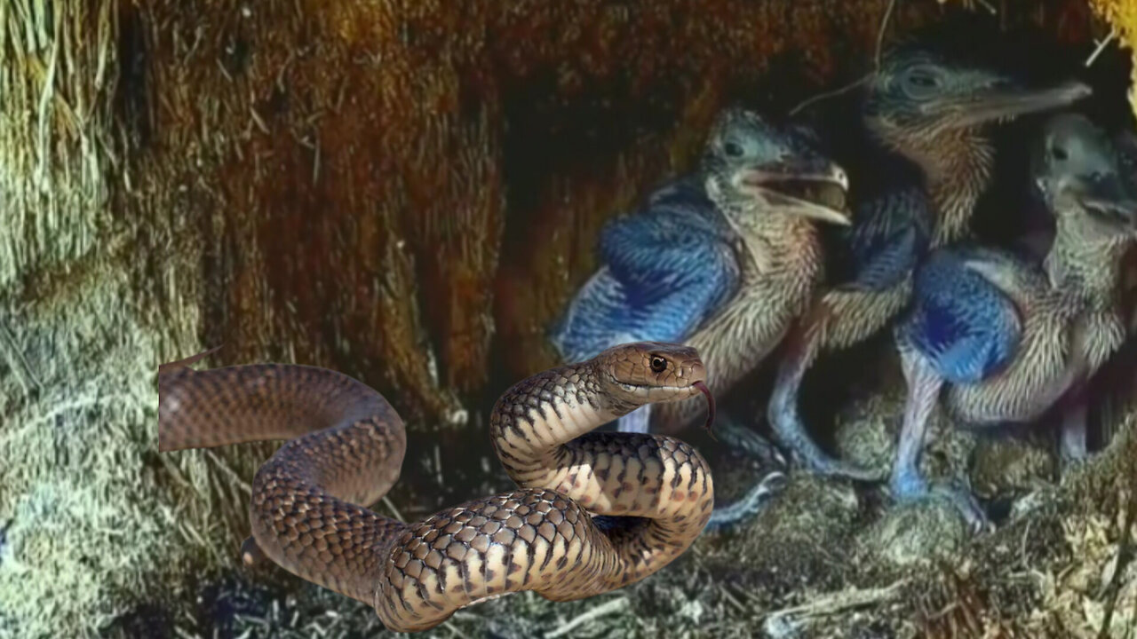 The mother bird feeds her young with a long snake