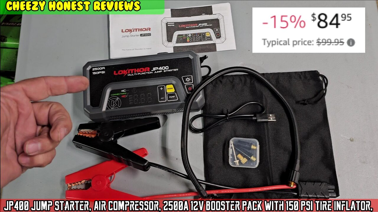 JP400 Jump Starter, Air Compressor, 2500A 12V Booster Pack with 150 PSI Tire Inflator, USB out