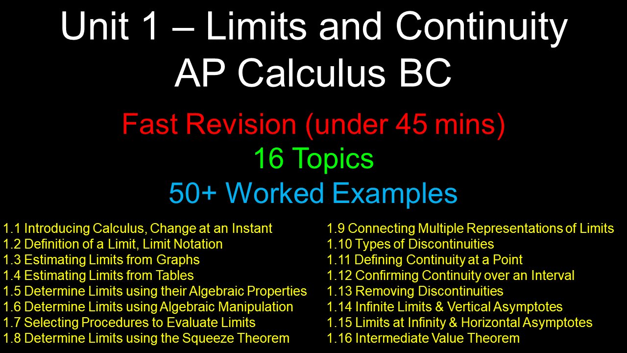 Limits and Continuity, Fast Revision, Over 50 Worked Examples - Unit 1 - AP Calculus BC