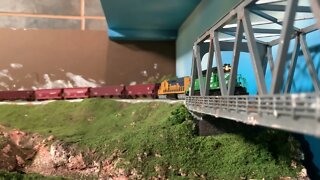 N Scale SD40-2s crossing a bridge