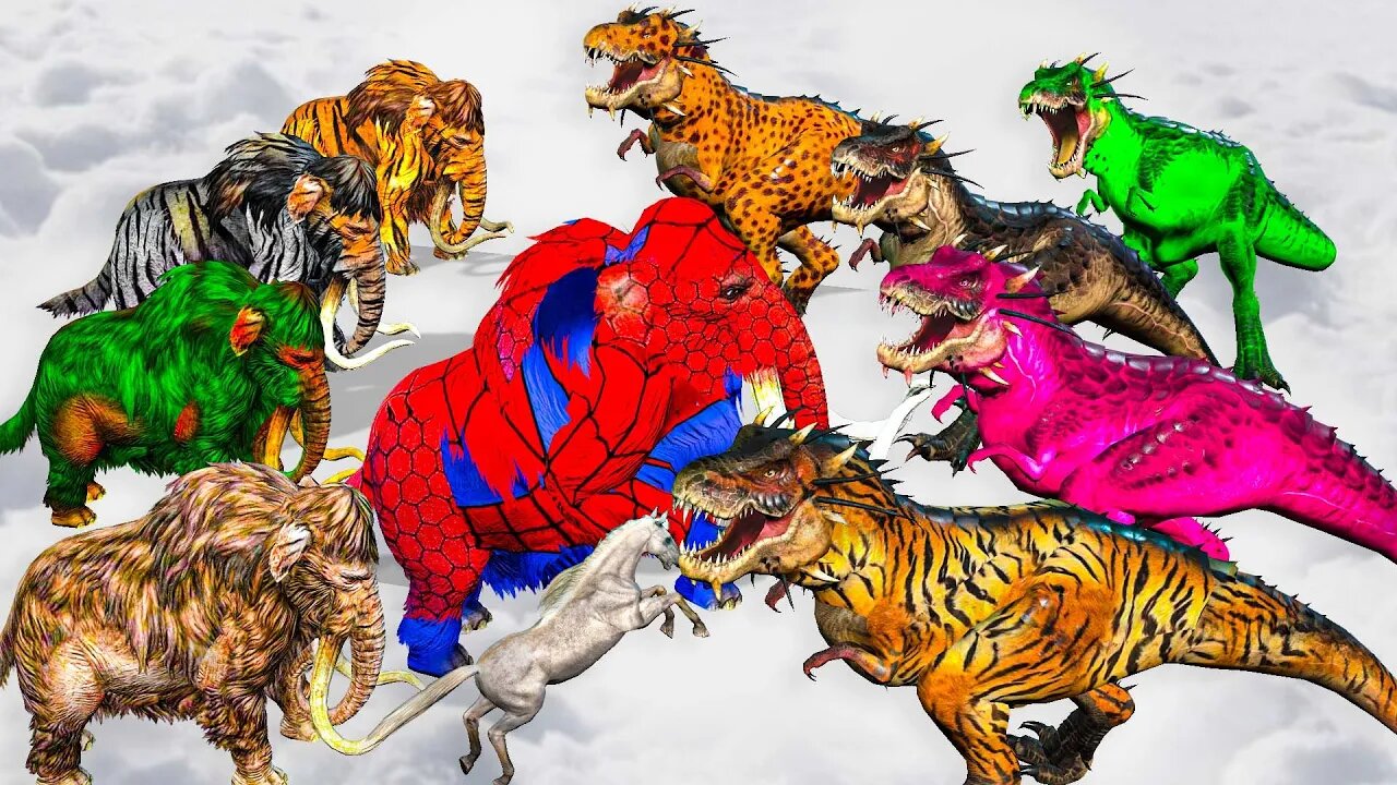 5 Zombie Dinosaurs Vs Woolly Mammoth Cow Fight Horse Rescue Saved By 5 Woolly Mammoth Animal Fight