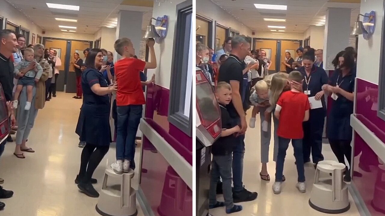 Young boy victoriously rings bell after 70 weeks of chemo