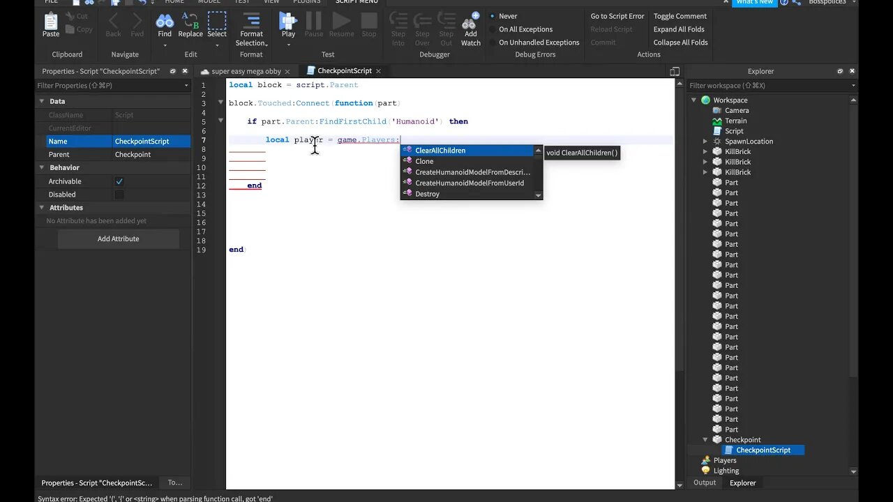 Making a checkpoint, obby tutorial part 3