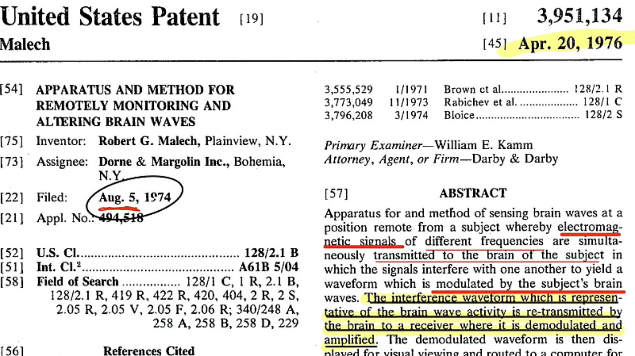 PATENT US3951134A • REMOTELY MONITOR & ALTER BRAIN WAVES