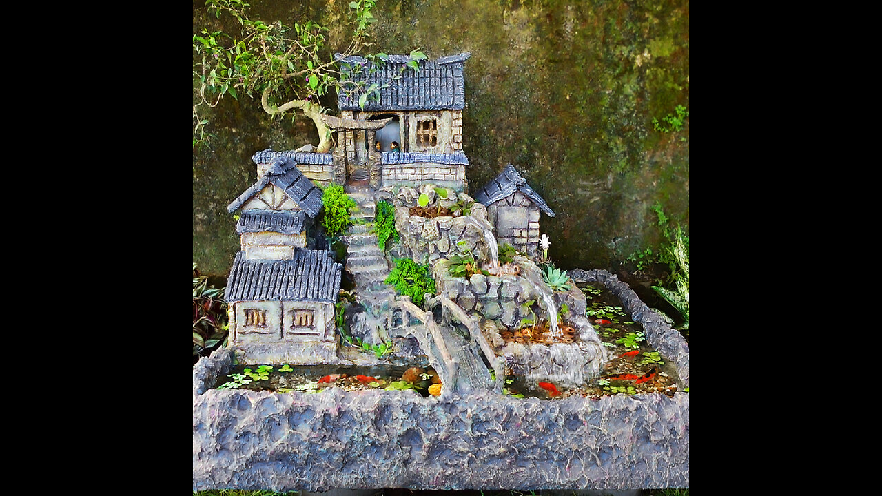 WOW! Very excellent waterfall aquarium with house on the mountain from sryrofoam