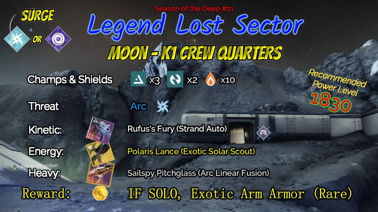 Destiny 2 Legend Lost Sector: Moon - K1 Crew Quarters on my Arc Hunter 6-26-23