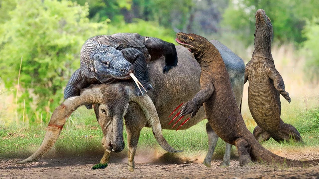 Too Barbaric! Huge Komodo Dragons Surround And Take Down Big Buffalo With Powerful Venomous Bites