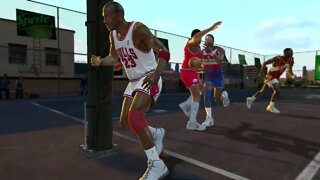 3 on 3: MJ, Akeem Olajuwon and Clyde Drexler vs Doctor J., Moses Malone and Dominique Wilkins