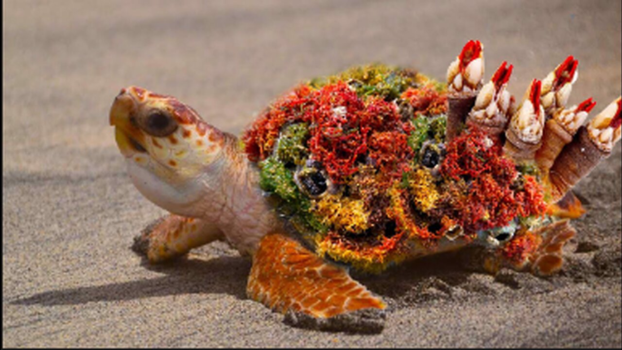 Tiny sea turtle survived desperately before being removed black cement of barnacles from shell