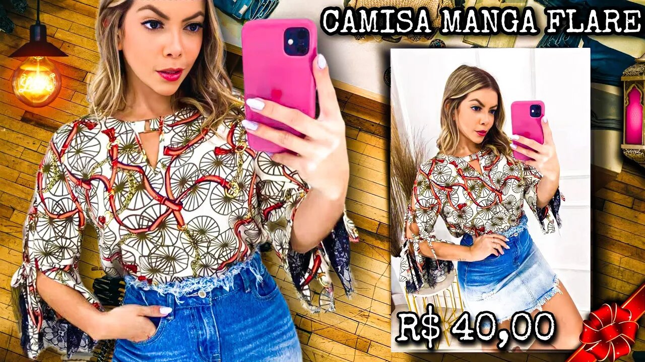 Camisa Feminina Estampada Manga Flare com abertura e detalhe em Renda!
