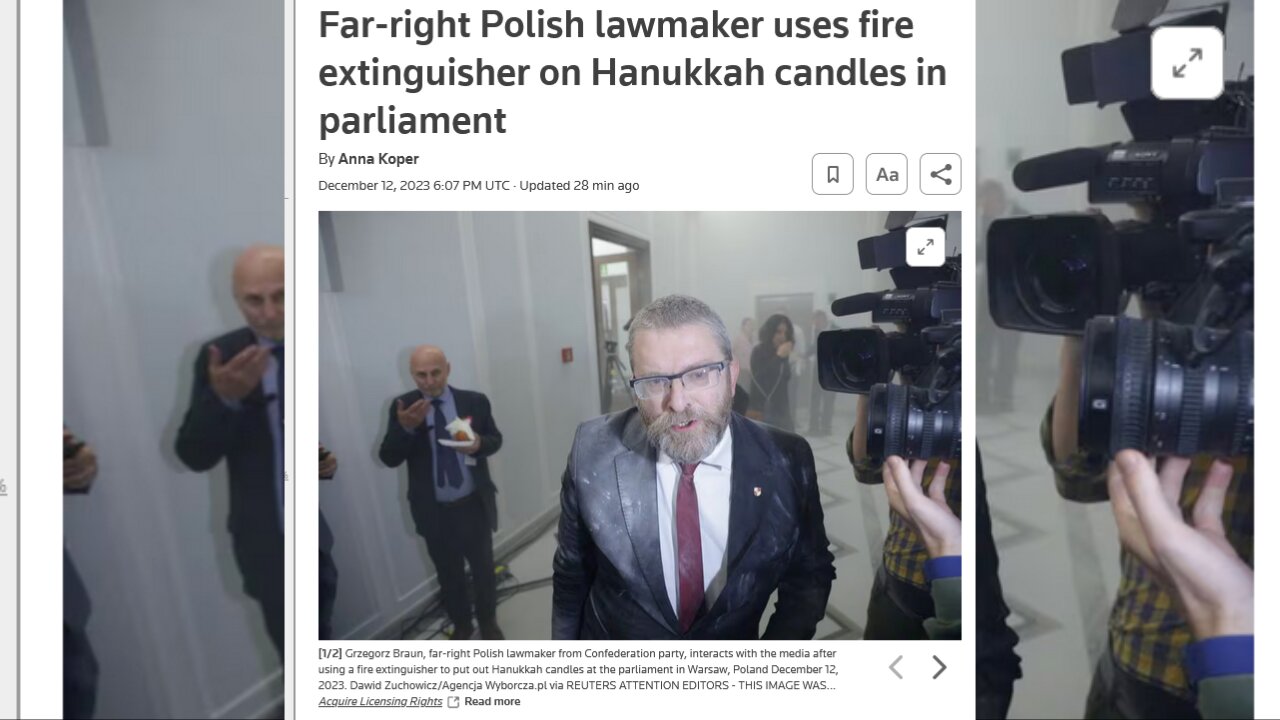 Polish lawmaker uses fire extinguisher on Hanukkah candles in parliament