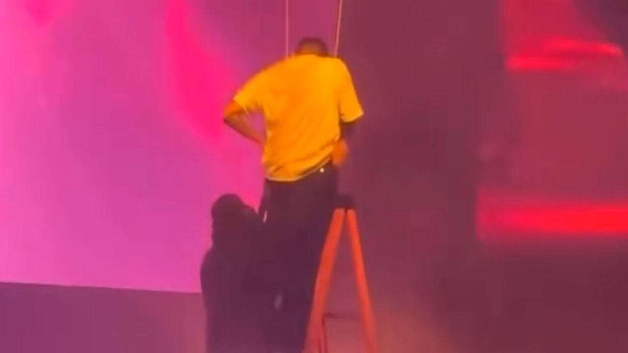 Chris Brown loses his temper with the staff venue after he gets stuck in the air mid performance