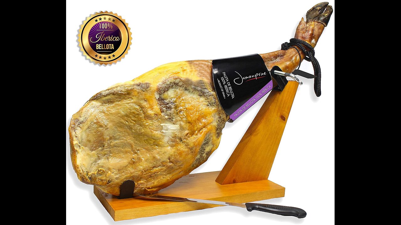 Jamón Ibérico de Bellota 100% Pura Raza de Bellota (paleta) Con Hueso de España + Jamonero + Cuchillo + Funda Jamonera + Pinzas Jamoneras - Jamón 100% Ibérico de Bellota Pata Negra (Paleta Ibérica). Ingredientes: Jamón de Cerdo Pura Raza Ibérico 1