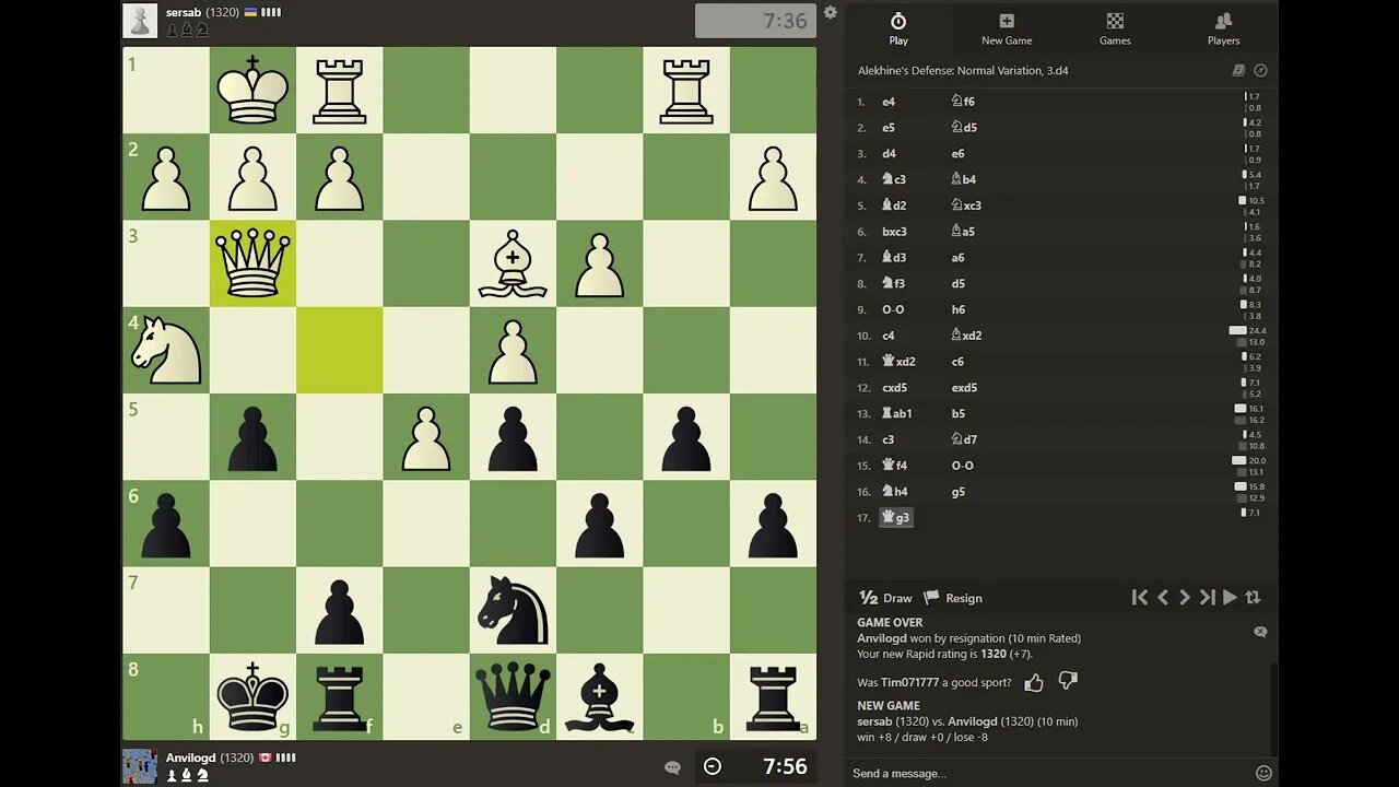 Daily Chess play - 1320 - 2 Wins and 1 Loss