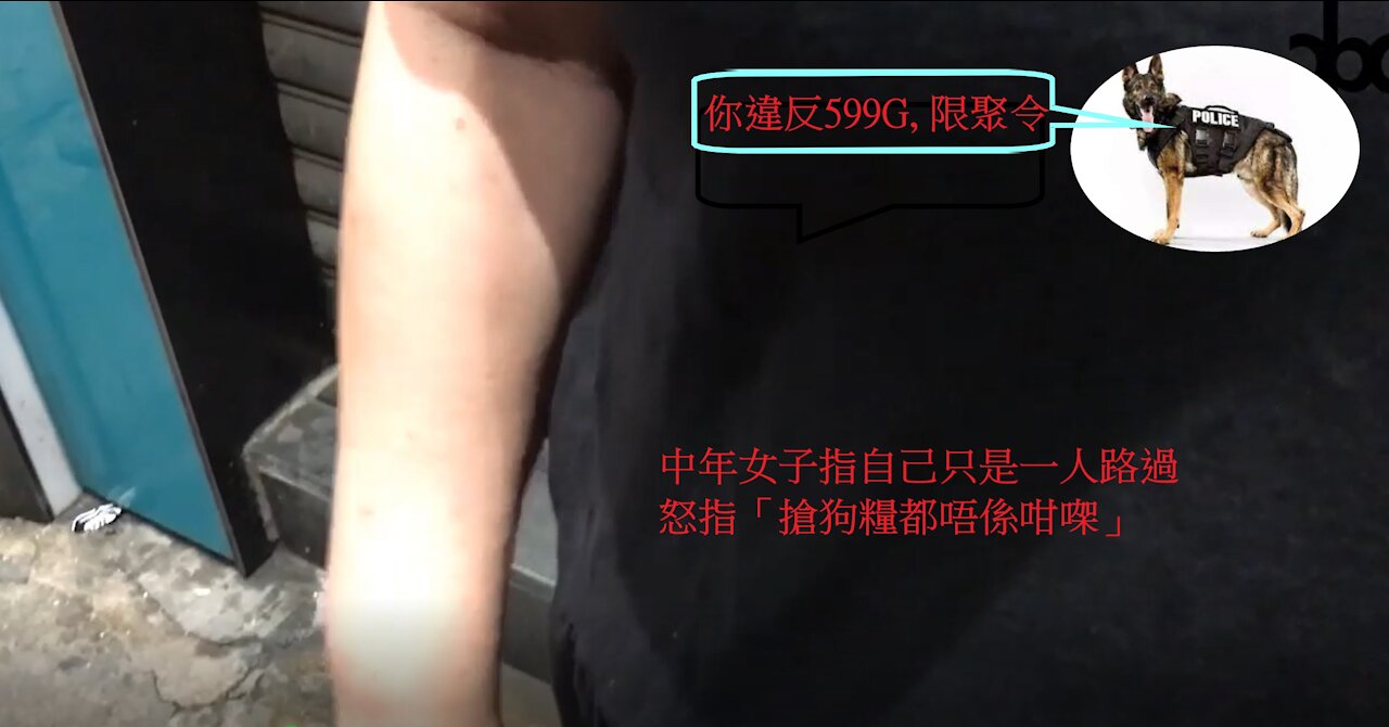 旺角中年婦怒髮衝冠, 聲稱自己只是一人等搭巴士, 不認識其他人士, 卻被控違反限聚令, 怒指「搶狗糧都唔係咁㗎」