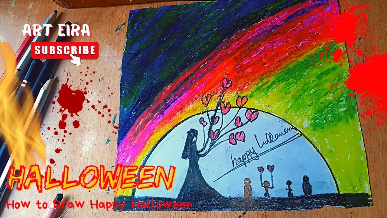 How to Draw Happy Halloween Scenery with Oil Pastels | How to Draw Halloween Scenery