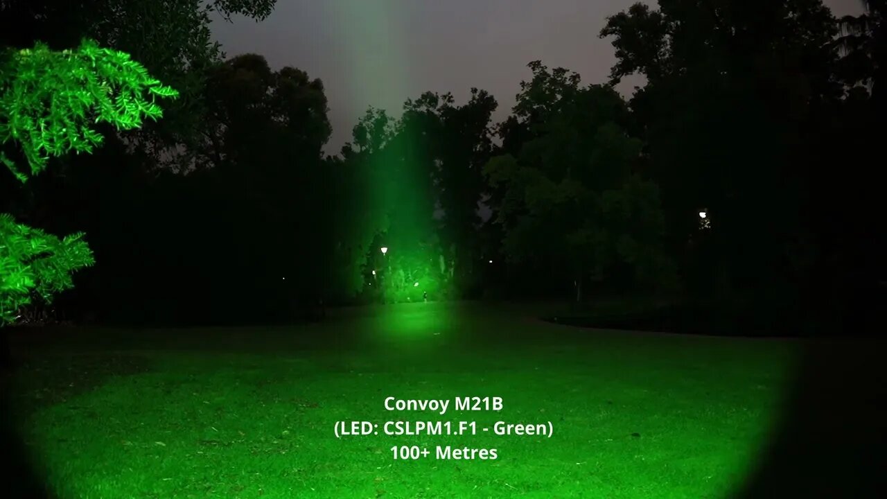Long-range flashlight beamshot comparisons: Convoy M21B (CULPM1.F1) - it has a green beam!