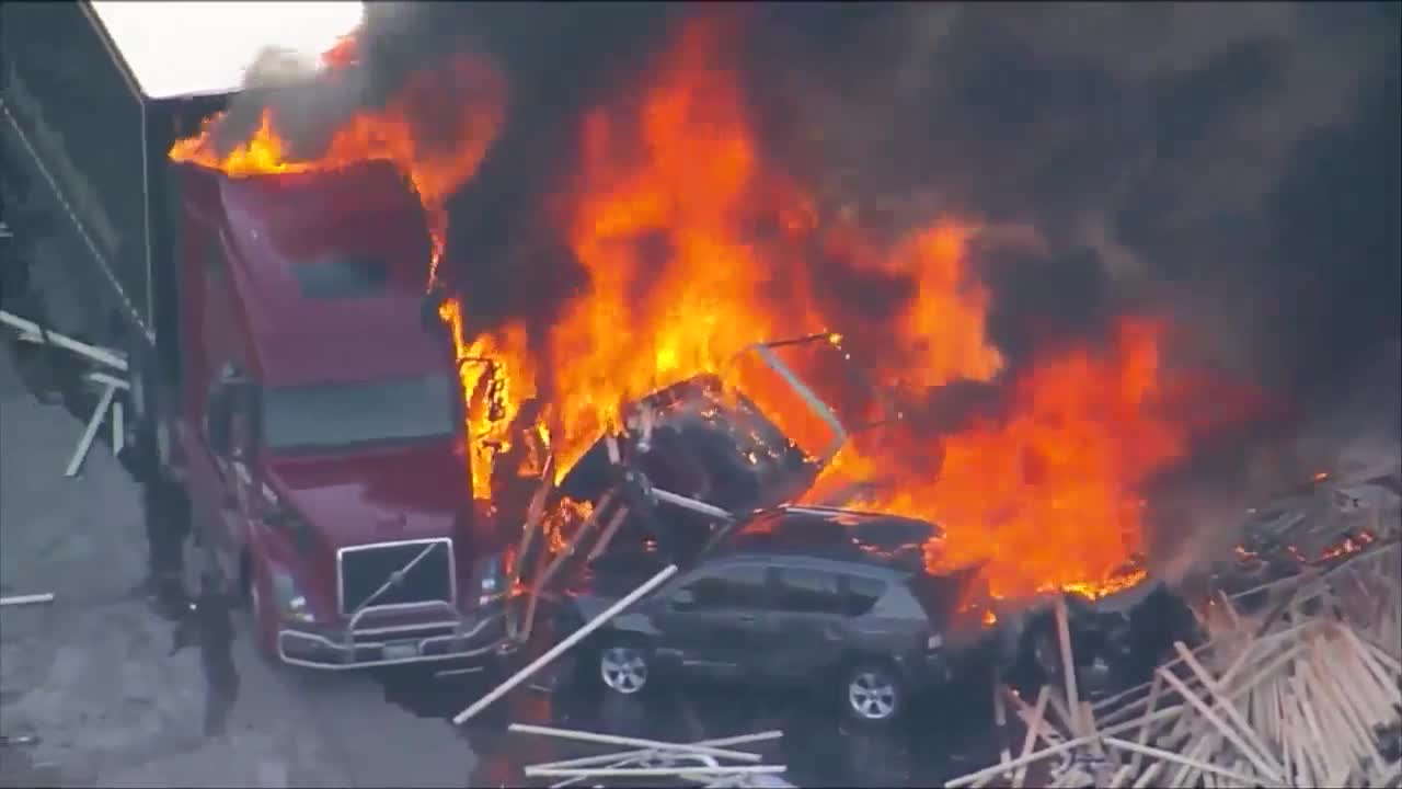 Raw: Aerial images of fiery crash scene on I-70