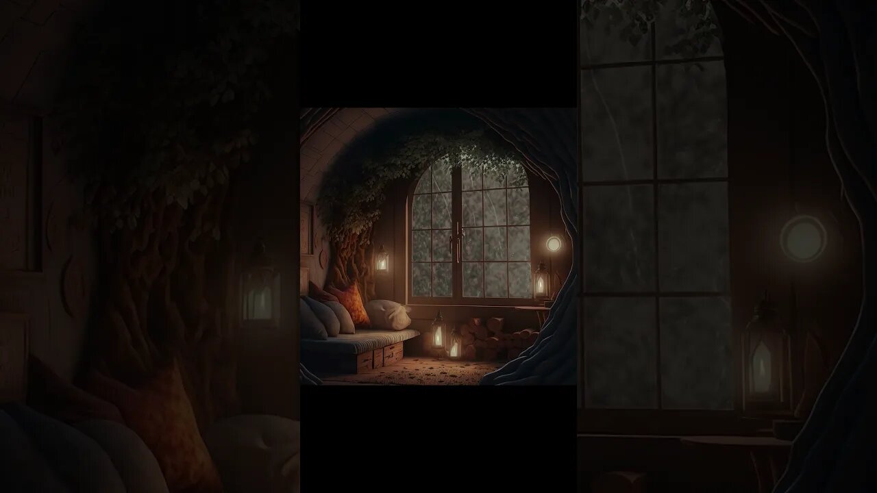 Cozy Stormy Night in a Hobbit House | Rain on the Window and Low Rumbling Thunder Ambience