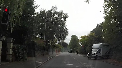 Idiot Cyclist vs Van Red Light Jump Close Call Dash Cam Footage