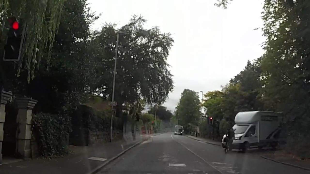 Idiot Cyclist vs Van Red Light Jump Close Call Dash Cam Footage