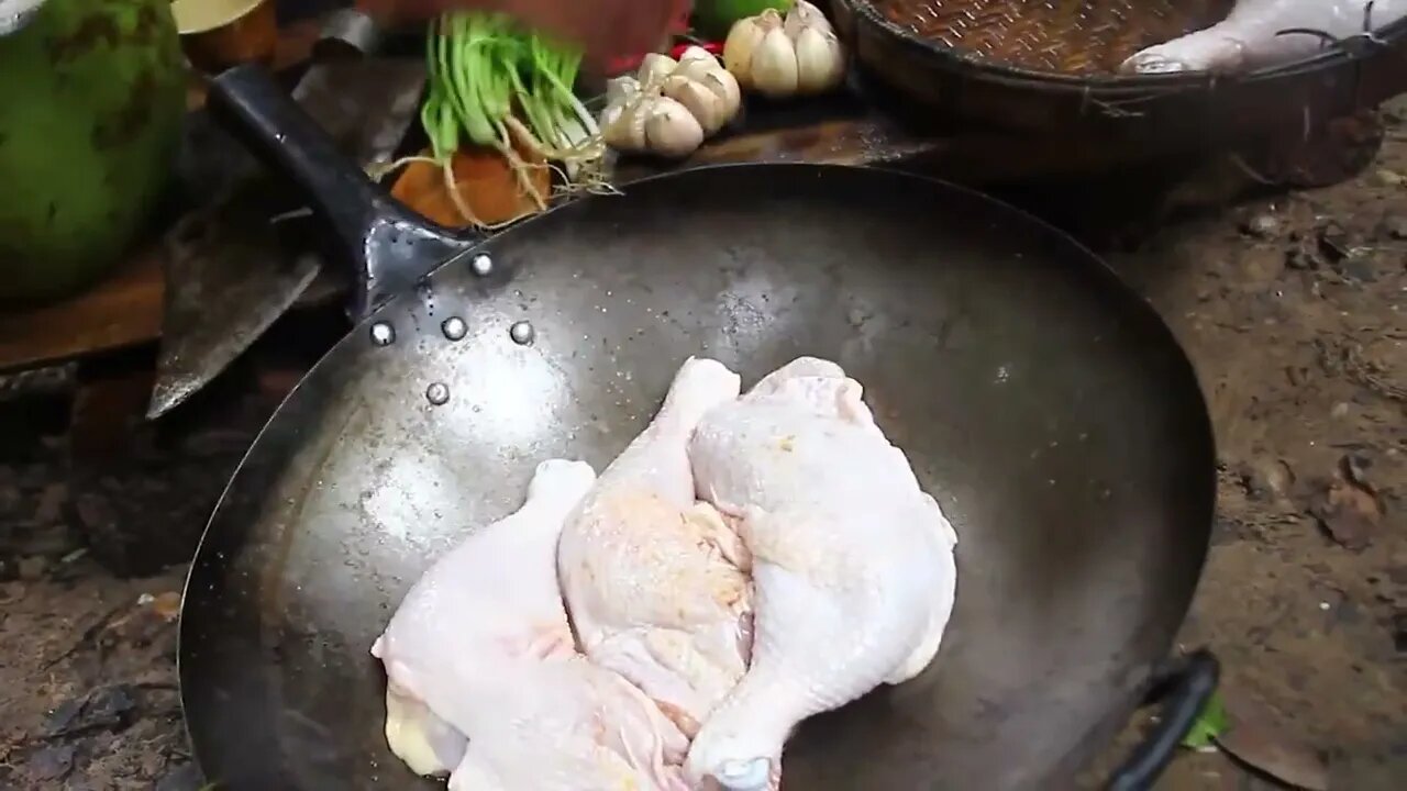 Cooking Coconut Chicken Leg Recipe eating so Yummy - Use Coconut water Cook Chicken Meat in Fry -5