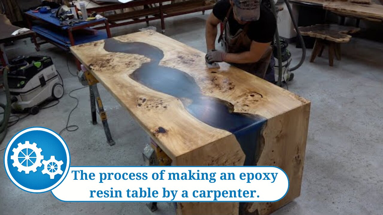 The process of making an epoxy resin table by a carpenter.