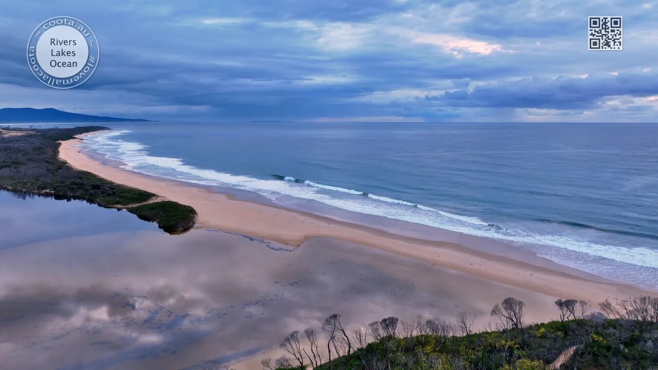 Betka River and Beach Mallacoota Grey Winters Morning Aug 2023 4k drone