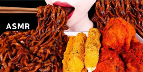 ASMR SPICY FRIED CHICKEN, CHEESE STICK, BLACK BEAN NOODLE EATING SOUNDS MUKBANG