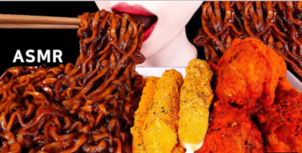 ASMR SPICY FRIED CHICKEN, CHEESE STICK, BLACK BEAN NOODLE EATING SOUNDS MUKBANG