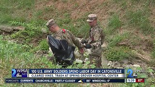 100 U.S. Army soldiers spend Labor Day clearing vines, trash in Catonsville