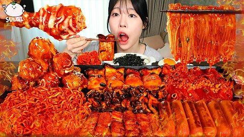 ASMR MUKBANG| Fire Spicy Mushrooms, Fire Noodles, Seasoned Chicken, Sausage, Pork belly.