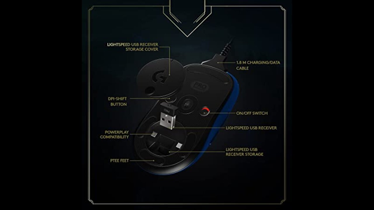 Logitech G PRO Wireless Gaming Mouse, HERO 16000 DPI sensor, USB port, RGB lighting, 4-8 Progra...