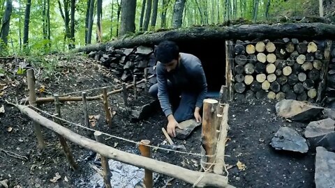 Camping, building wood and rock forest houses and fireplaces, quail cooking - survival, DIY $$ 14