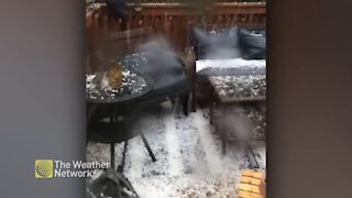 That's not snow piling up on this deck, it's a lot of hail!