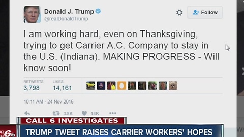 Trump Tweet raises Carrier workers' hopes