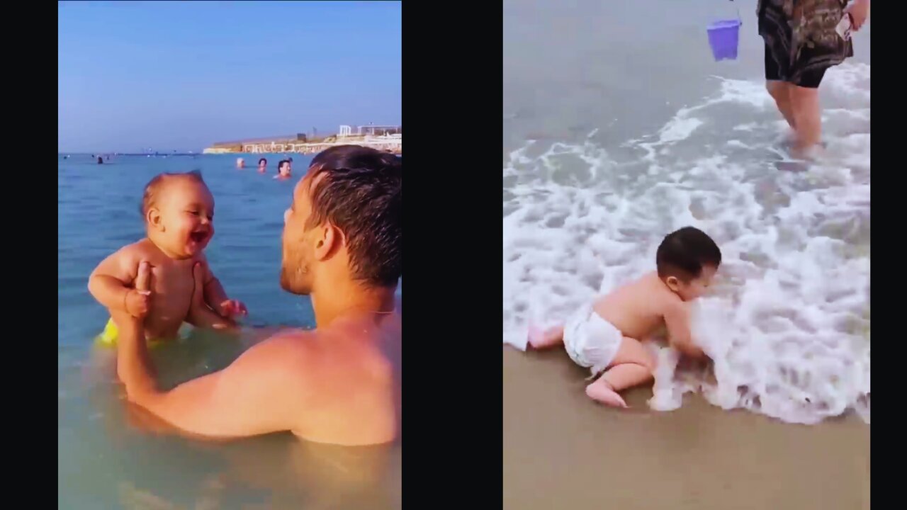 Funny Baby reaction on beach