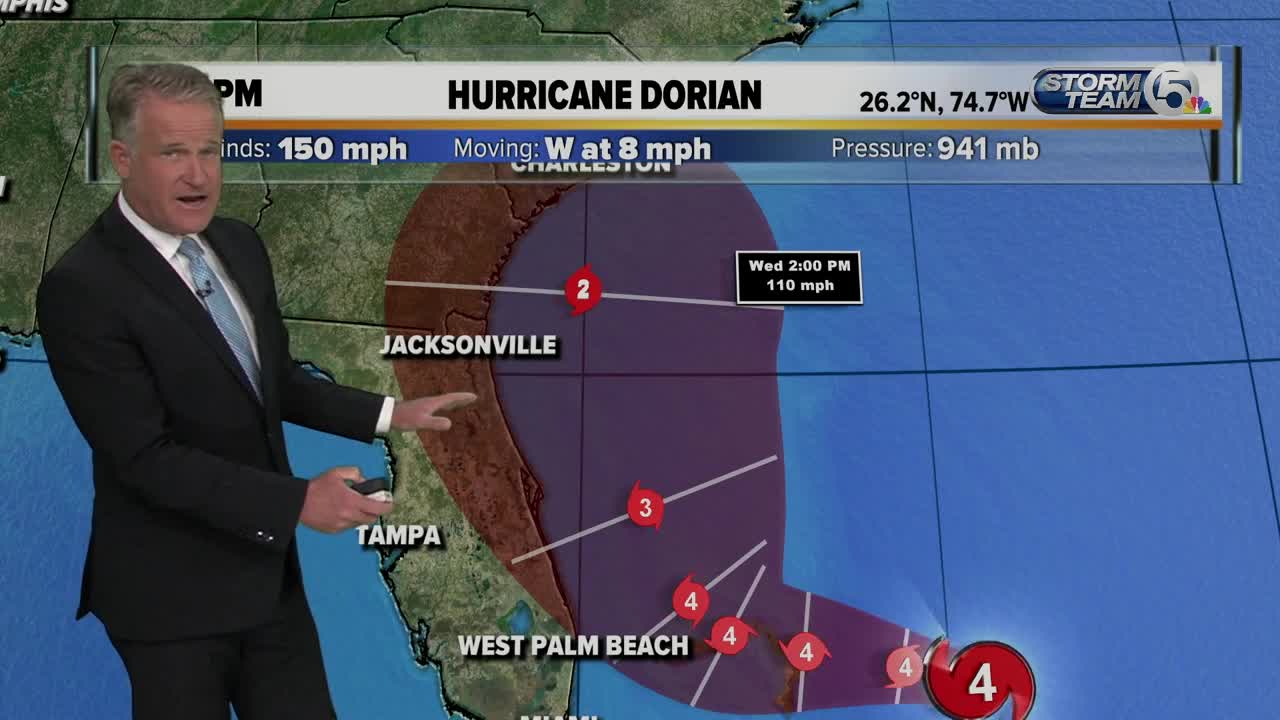 Category 4 Hurricane Dorian packing 150 mph winds, tropical storm watch in effect from Deerfield Beach to Sebastian Inlet