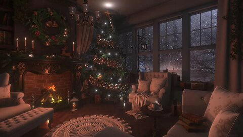 Christmas Winter Night Ambience | Fireplace & Snowstorm/Blizzard Sounds