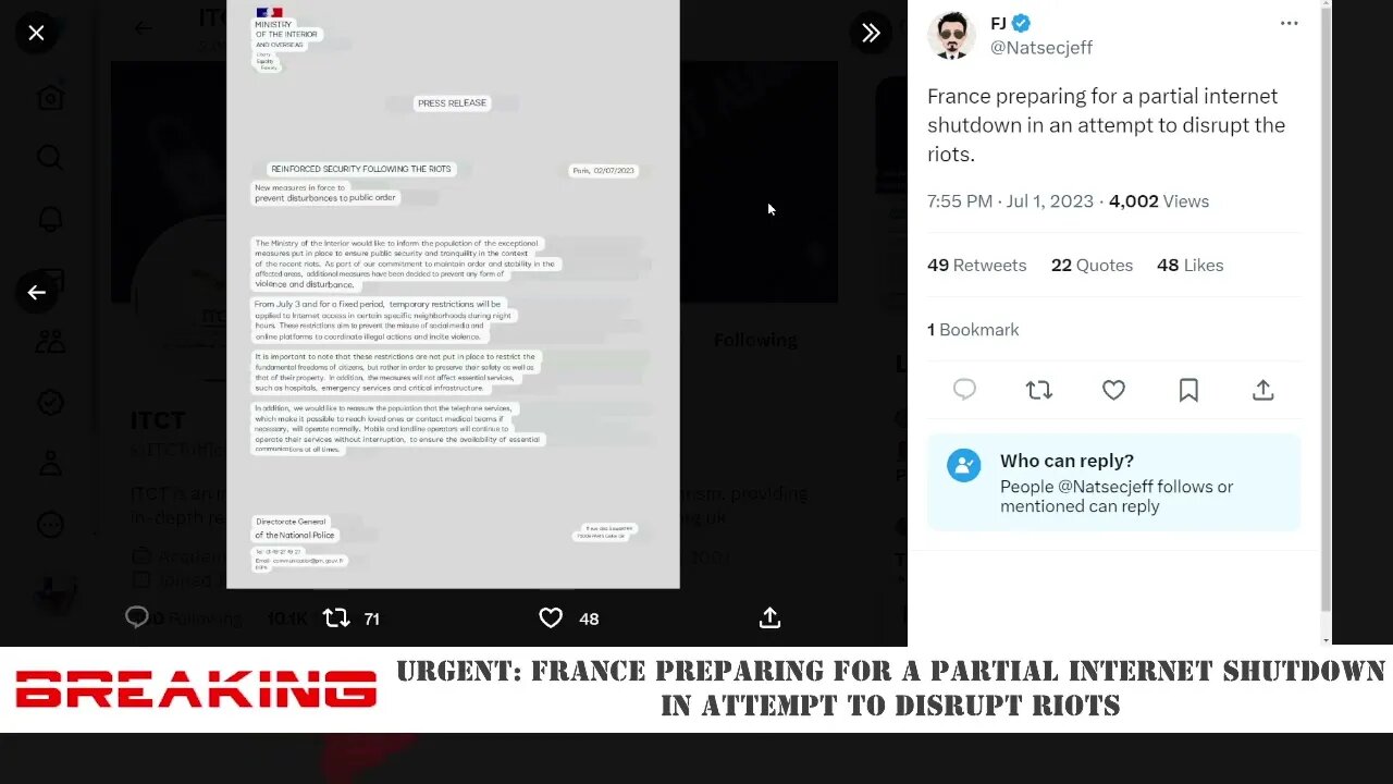 FLASH: FRANCE PREPARING FOR A PARTIAL INTERNET SHUTDOWN IN AN ATTEMPT TO DISRUPT THE RIOTS.