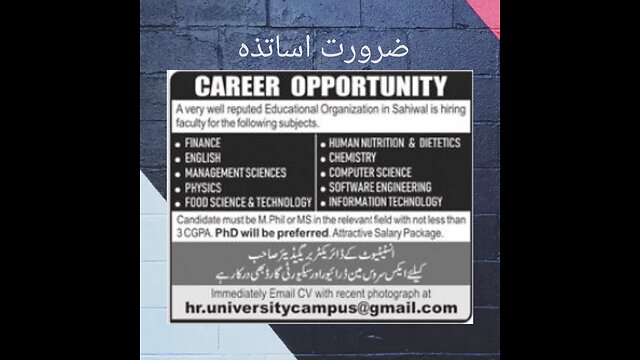 Professor Finance & Lecturer Chemistry Jobs 2023 In Sahiwal