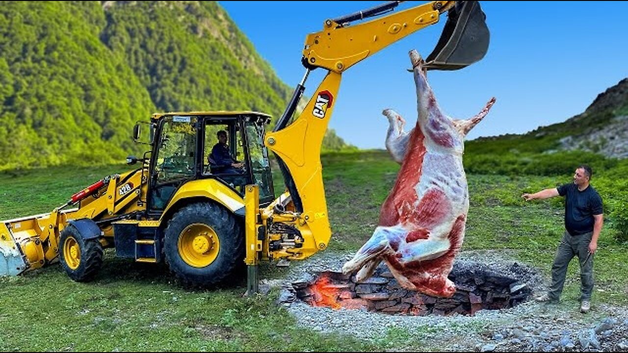 A Giant Bull Roasted Underground! Only An Excavator Could Lift It!