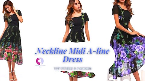 Elegant Floral Square Neckline Midi A-line