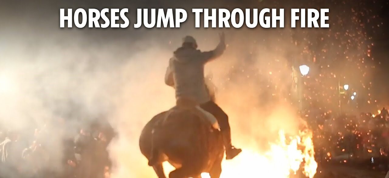 Horses jump through 'purifying' fire during Las Luminarias festival in Spain