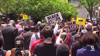 Several groups join together in protest Downtown on Saturday