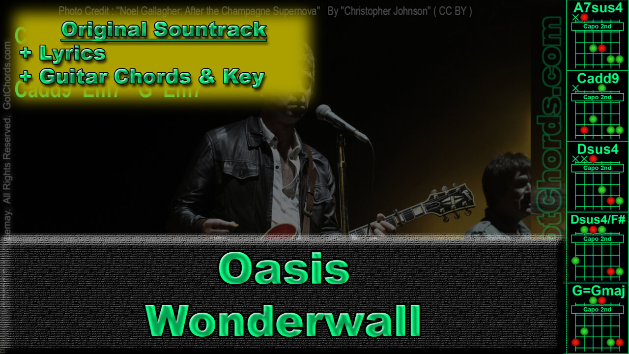 Oasis - Wonderwall - Original Song - Lyrics + Key + Guitar Chords (0004-A030)
