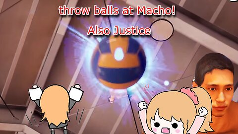 vtuber Elena Yunagi throwing Balls at Macho men also Justice - save the macho men in the ceiling