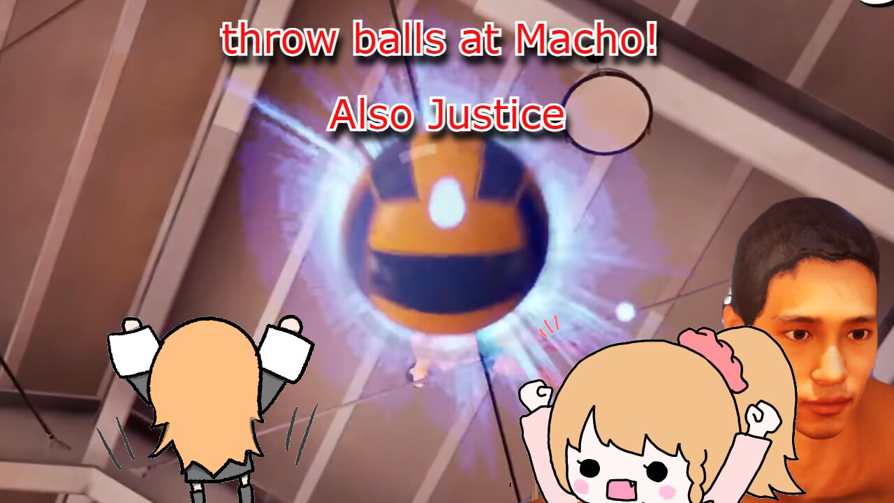 vtuber Elena Yunagi throwing Balls at Macho men also Justice - save the macho men in the ceiling