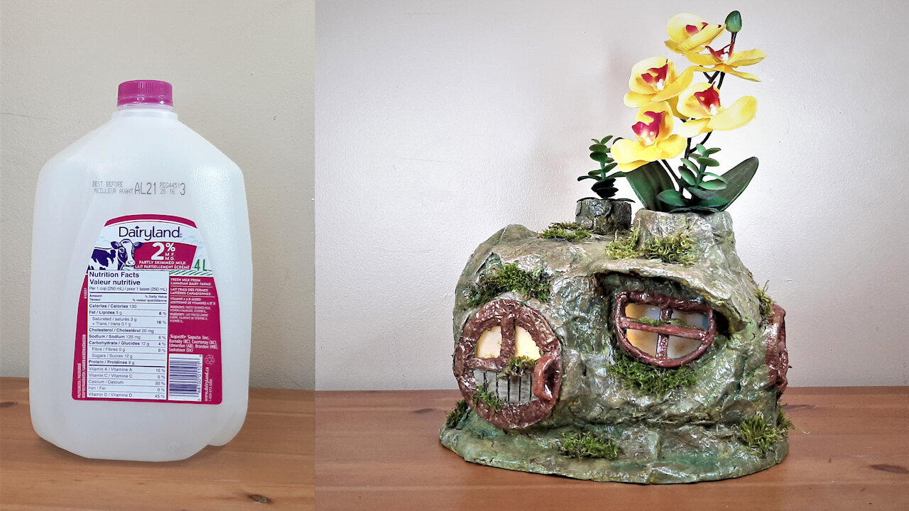 Hobbit House inside a Rock made from Milk Container // DIY Planter