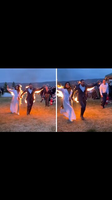 Bride & groom stunt doubles set themselves on fire for wedding exit